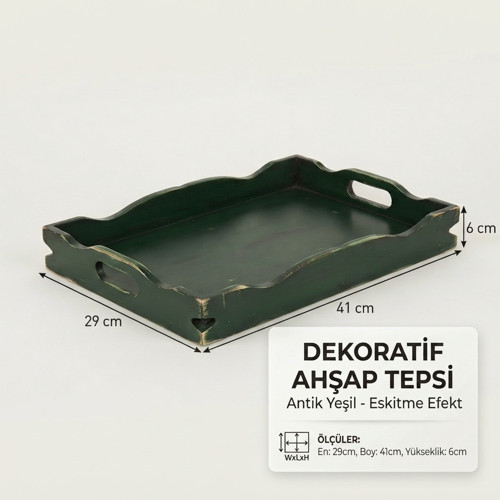 El Boyaması Eskitme Ahşap Dekoratif Tepsi - Antik Yeşil Kahve Sunum Tepsisi (29x41x6 cm)