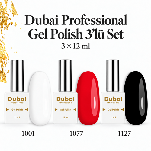 Dubai Professional Gel Polish 3’lü Set 3 x 12 ml – 1001 Beyaz, 1077 Kırmızı, 1127 Siyah Kalıcı Oje