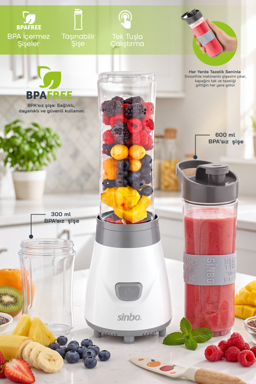 SHB-3150 Beyaz Smoothie Blender, 600 ml + 300 ml BPA İçermeyen Şişe, Paslanmaz Çelik Bıçak