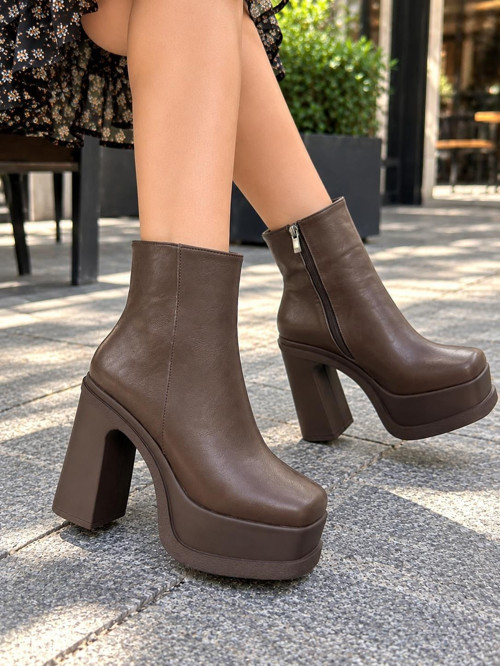 Kadın Latina Kahverengi 12 Cm Platform Topuklu Fermuarlı Bot