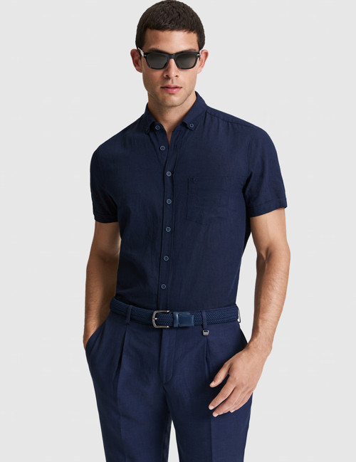 Lacivert Keten Karışımlı Regular Fit Kısa Kollu Gömlek 50320933-VR033