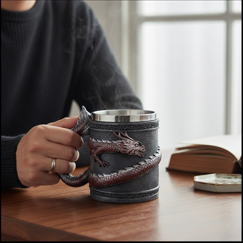 Ejderha Figürlü 3D Tasarım Kupa – Paslanmaz Çelik İç Hazneli Dekoratif Mug