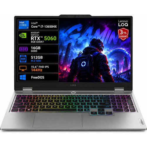 LOQ 83JE01L2TR i7-13650HX 16GB 512GB SSD RTX5060 8GB TGP 100W 15.6" IPS 144Hz Freedos