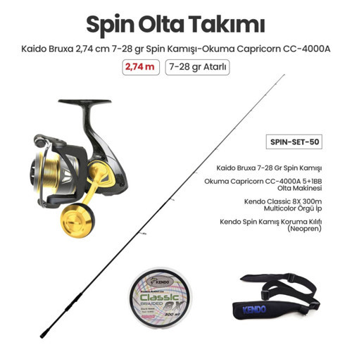 Bruxa 2.74 m 7-28 gr Spin Kamışı + Okuma Capricorn CC-4000A Spin Makinesi + Spin Set 50