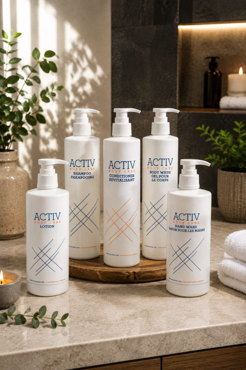 ACTIV Body Care 5'li Otel Banyo Bakım Seti 360 ml x 5 – Şampuan, Saç Kremi, Duş Jeli, El Sabunu ve Vücut Losyonu