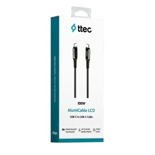 ttec AlumiCable LCD USB-C - USB-C 100W PD/QC 150 cm Hızlı Şarj ve Data Kablosu Siyah