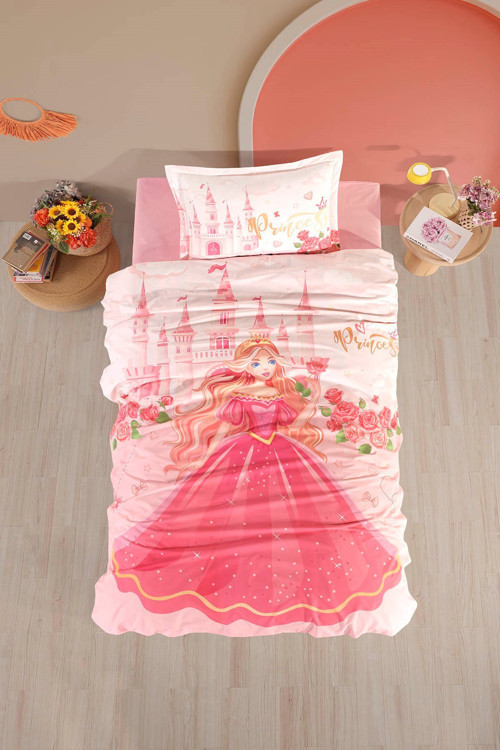 %100 Pamuk Tek Kişilik Nevresim Takımı Princess V1 Pudra
