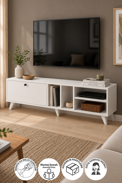 TV Ünitesi 140 Cm TV Sehpası Düşer Kapaklı Tv Ünitesi Televizyon Sehpası Sardinya Beyaz