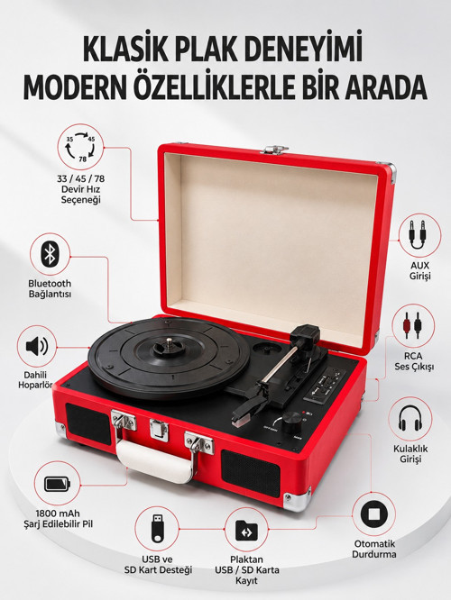 Taşınabilir Bavul Tipi Pikap Bluetooth Özellikli Dahili Hoparlörlü USB ve SD Kart Destekli Kırmızı