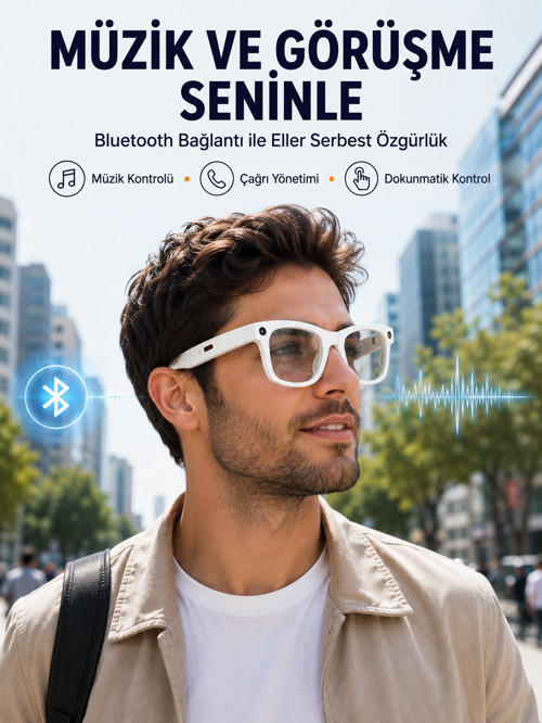 Kameralı Akıllı Gözlük Bluetooth Telefon Görüşmeli Video Fotoğraf Kayıtlı AI Çeviri Destekli Dokunma