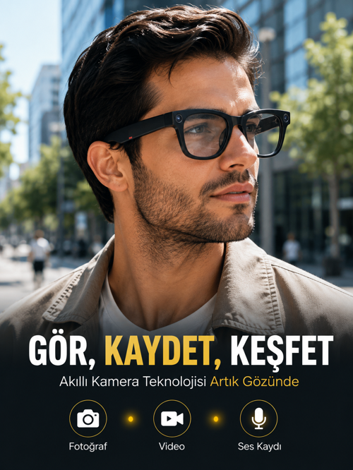 Siyah Bluetooth Akıllı Kamera Gözlüğü Fotoğraf Video Ses Kayıtlı AI Sesli Asistanlı Manyetik Şarjlı