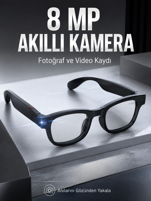 Siyah Bluetooth Akıllı Kamera Gözlüğü 8 MP Kameralı AI Çeviri Wi-Fi Fotoğraf Video Müzik Arama ve Do