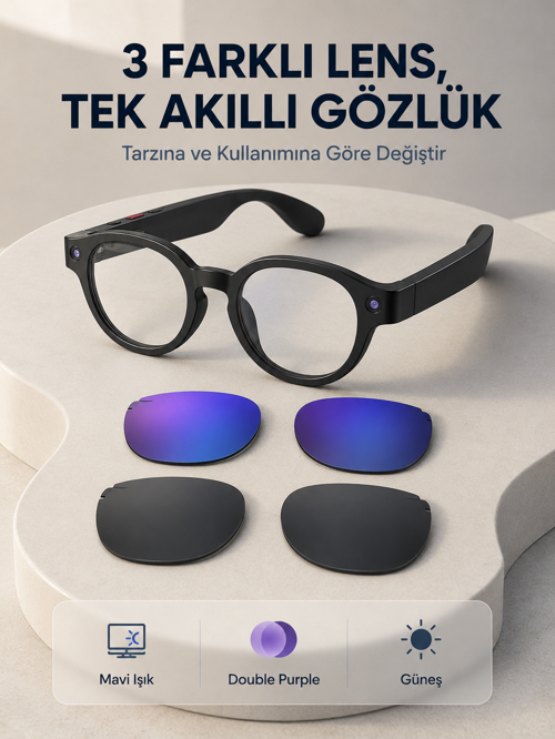 Siyah Akıllı Kamera Gözlüğü Fotoğraf Video Çekimli Yapay Zeka Destekli Bluetooth Çoklu Dil Çeviri 3