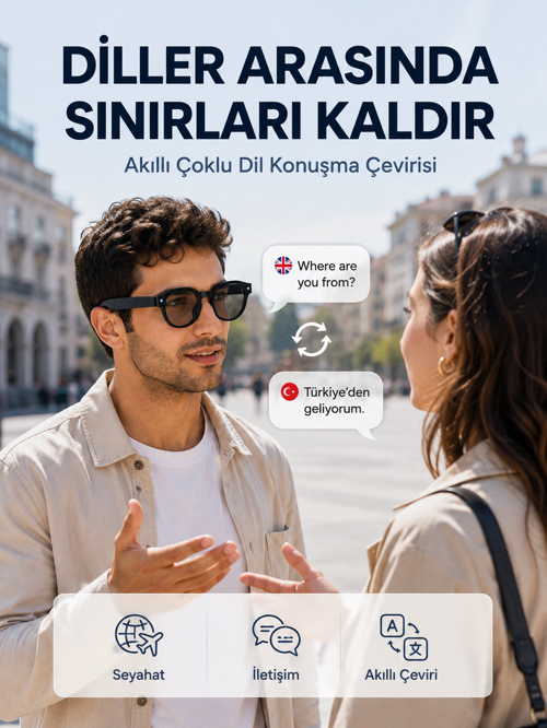 Siyah AI Akıllı Gözlük Fotoğraf Video Ses Kayıtlı Çoklu Dil Çeviri Bluetooth Bağlantılı 3 Lensli
