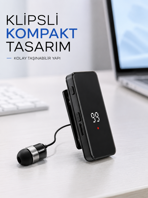 Dijital Ekranlı Bluetooth Kulaklık Tek Kulaklıklı Klipsli Kompakt Tasarım