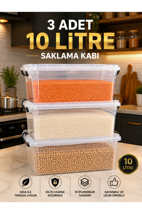 MODULA 3’lü 10 Litre Kapaklı Kilitli Şeffaf Çok Amaçlı Saklama Kabı Seti – Kiler, Mutfak, Oyuncak ve Düzenleyici Kutu