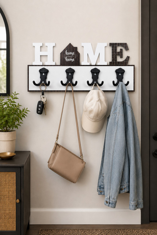 HOME Dekoratif Duvar Askılığı 4’lü 8 Asma Uçlu Mont Çanta Anahtar Askısı 45x20 cm