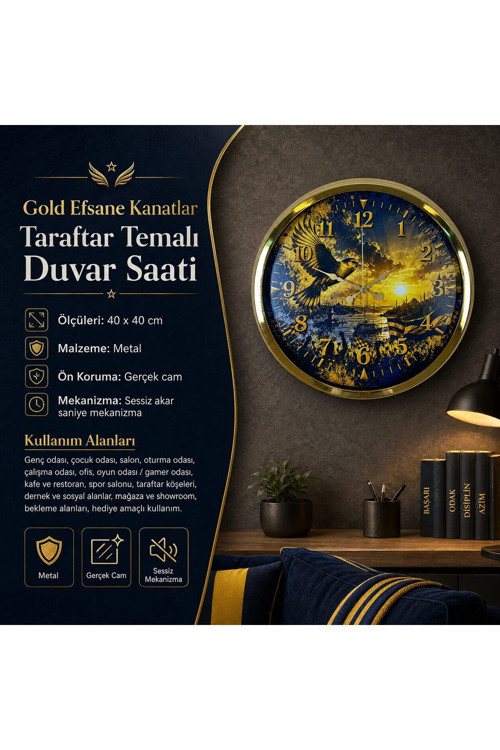 Gold Efsane Kanatlar Taraftar Temalı 40 x 40 Cm Metal Duvar Saati
