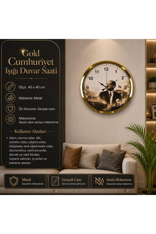 Gold Cumhuriyet Işığı 40 x 40 Cm Metal Duvar Saati