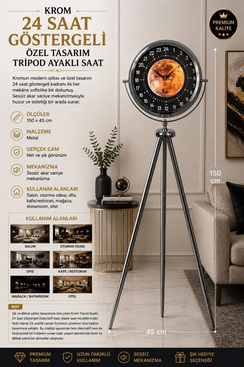 Krom 24 Saat Göstergeli 150 x 45 cm Özel Tasarım Tripod Ayaklı Saat
