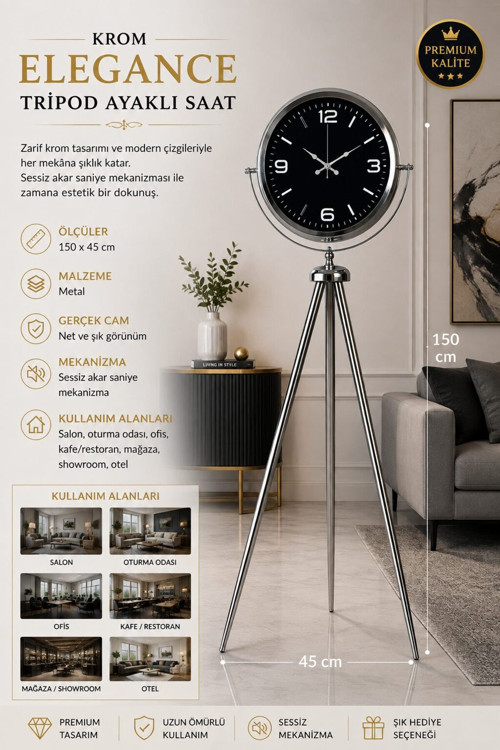 Krom Elegance 150 x 45 cm Metal Tripod Ayaklı Saat