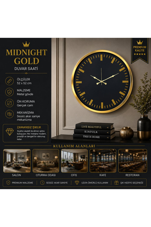Midnight Gold 52 x 52 cm Duvar Saati