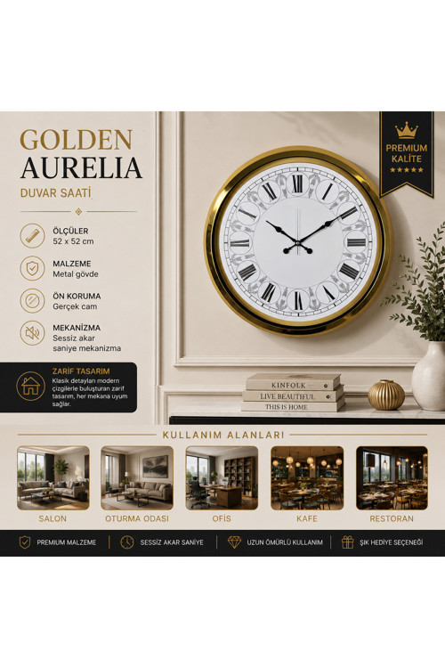 Golden Aurelia 52 x 52 cm Duvar Saati