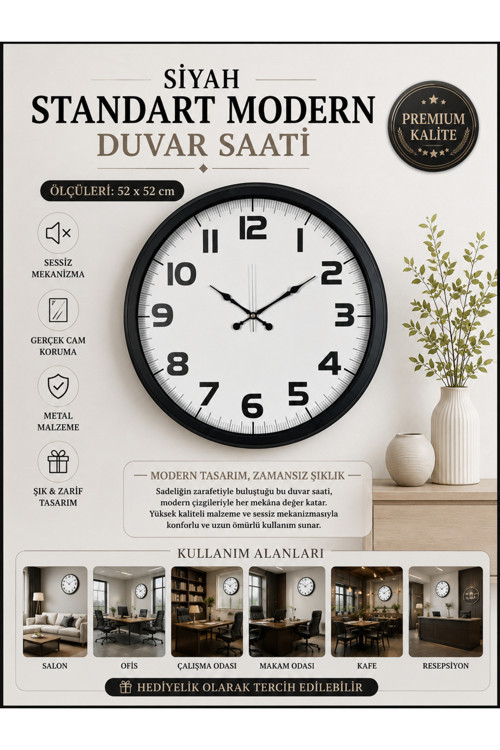 Siyah 52 cm Metal Standart Model Duvar Saati