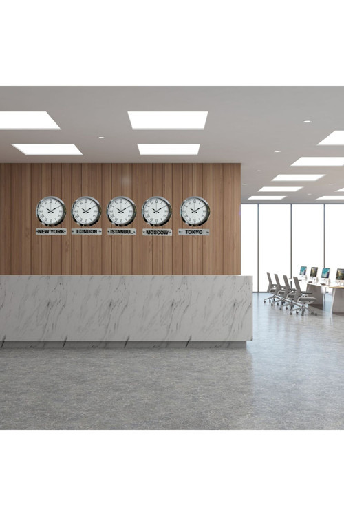 Prestij Krom 36 cm Metal Tabelalı Dünya Saatleri – 5’li Set – Otel ve Resepsiyon Saati