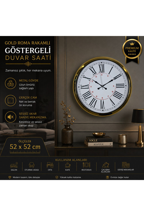 Gold Roma Rakamlı Göstergeli 52 x 52 cm Duvar Saati