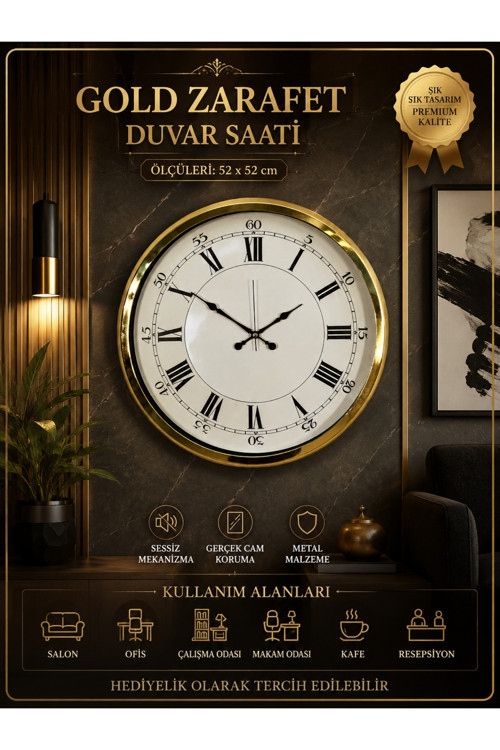 Gold Zarafet 52 cm Metal Duvar Saati