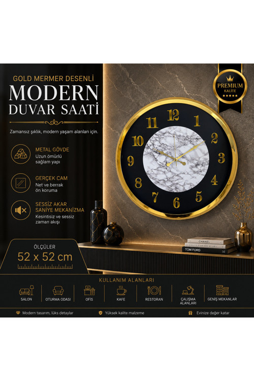 Gold Mermer Desenli Modern 52 x 52 cm Duvar Saati