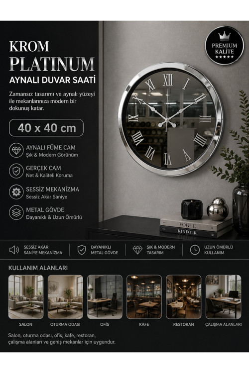 Krom Platinum Aynalı 40 x 40 cm Duvar Saati
