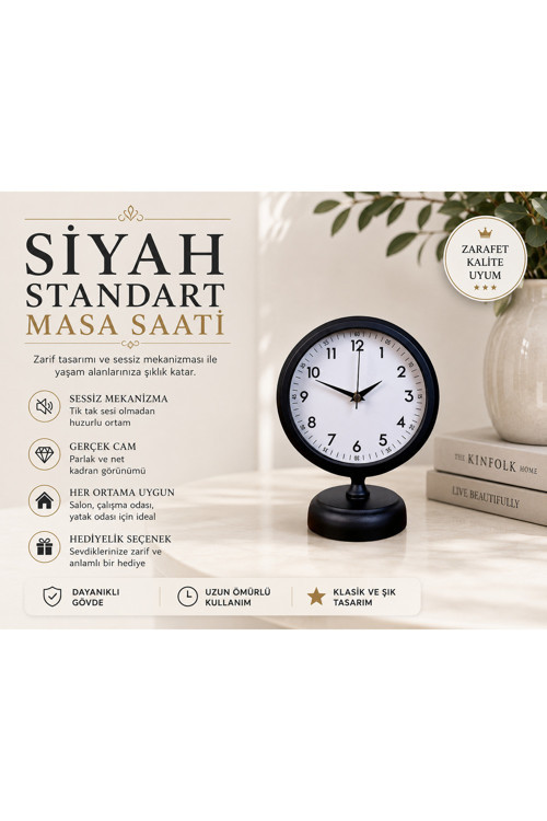 Siyah Standart 25 x 20 cm Metal Şık Masa Saati