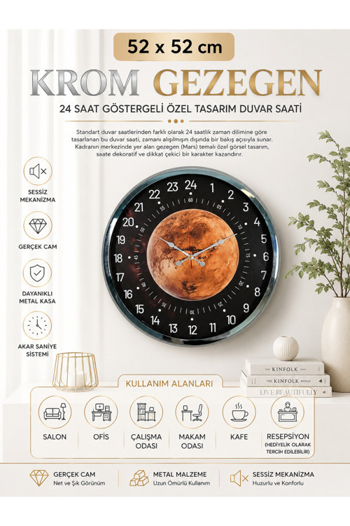 Krom Gezegen 24 Saat Göstergeli Duvar Saati