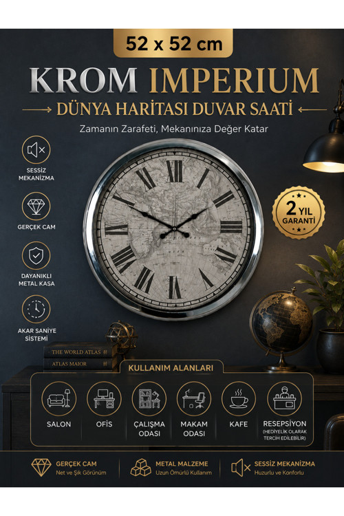 Krom Imperium 52 cm Metal Dünya Haritası Duvar Saati