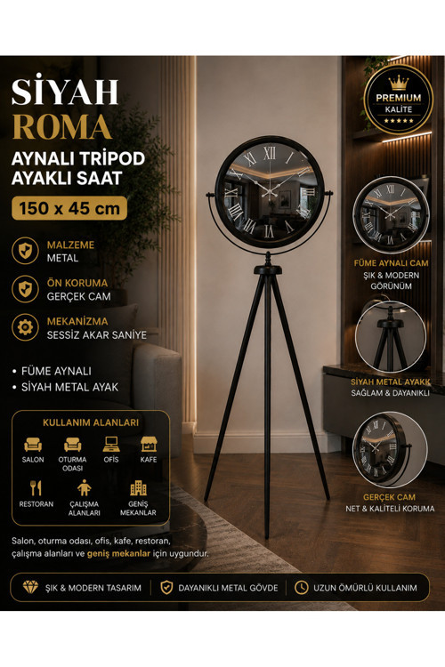 Siyah Roma Aynalı Tripod 150 x 45 cm Ayaklı Saat