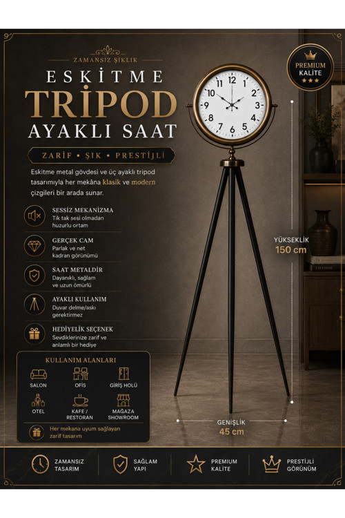 Eskitme Tripod Ayaklı Dekoratif Saat