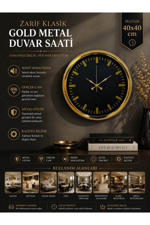 Zarif Klasik Stil 40 cm Metal Gold Duvar Saati