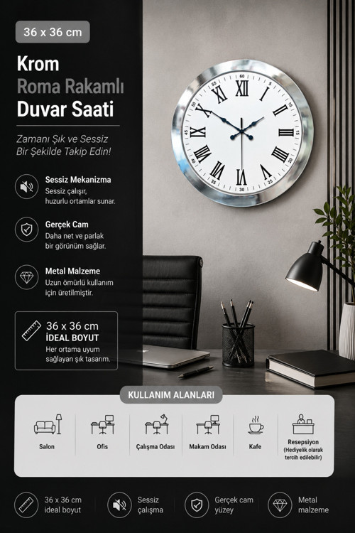 36 cm Krom Metal Roma Rakamli Duvar Saati