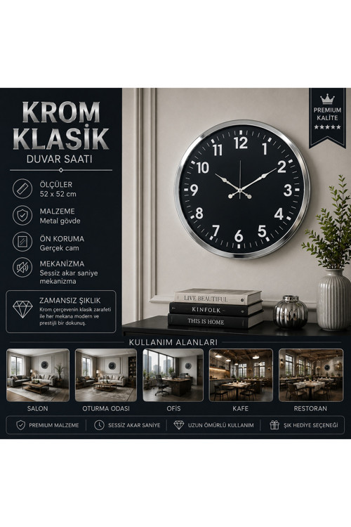 Krom Standart Dekoratif 52 x 52 cm Duvar Saati – Klasik Metal Beyaz Kadran