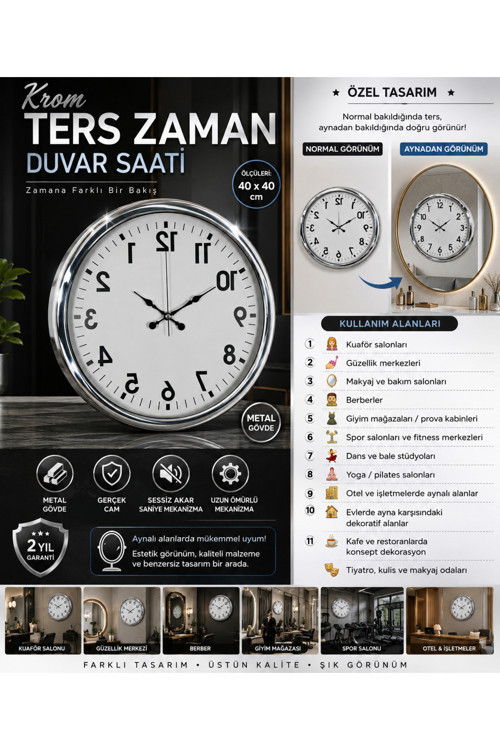 Krom Ters Zaman 40 x 40 cm Metal Duvar Saati