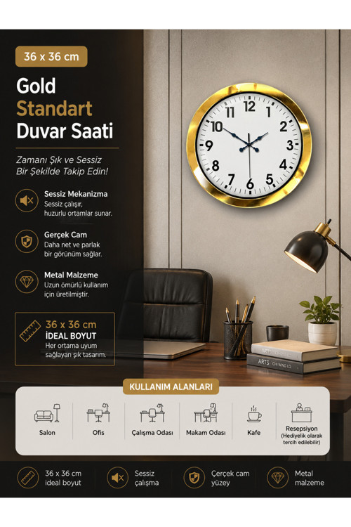 36 cm Gold Metal Standart Duvar Saati