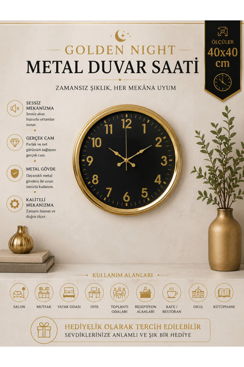Golden Night Luxury 40 cm Metal Duvar Saati