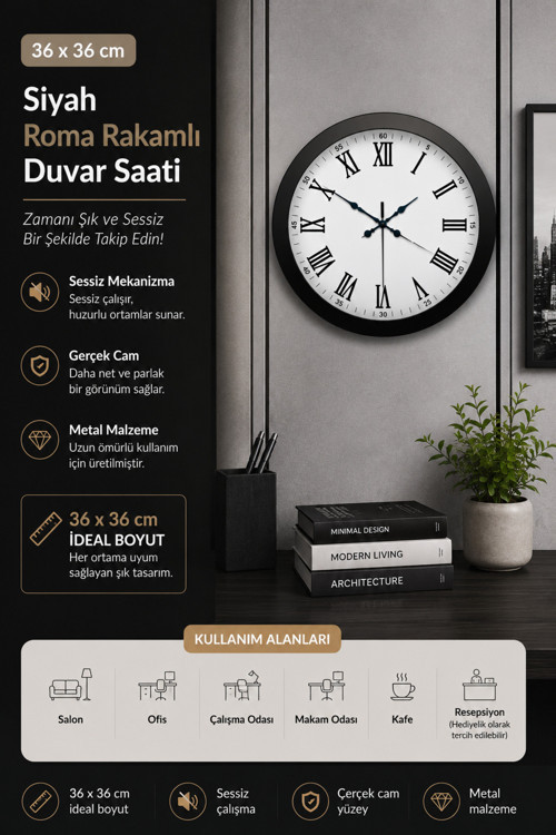 36 cm Siyah Metal Roma Rakamlı Duvar Saati