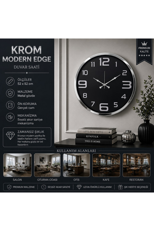 Krom Modern Edge 52 x 52 cm Duvar Saati