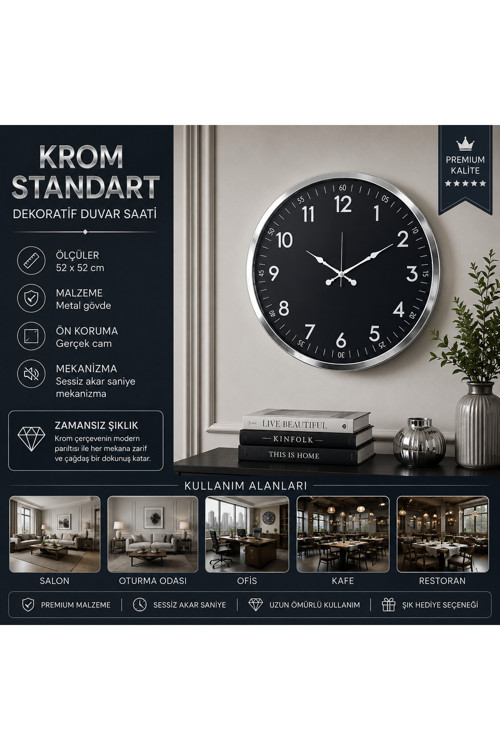 Krom Standart Dekoratif 52 x 52 cm Duvar Saati – Standart Dekoratif Metal