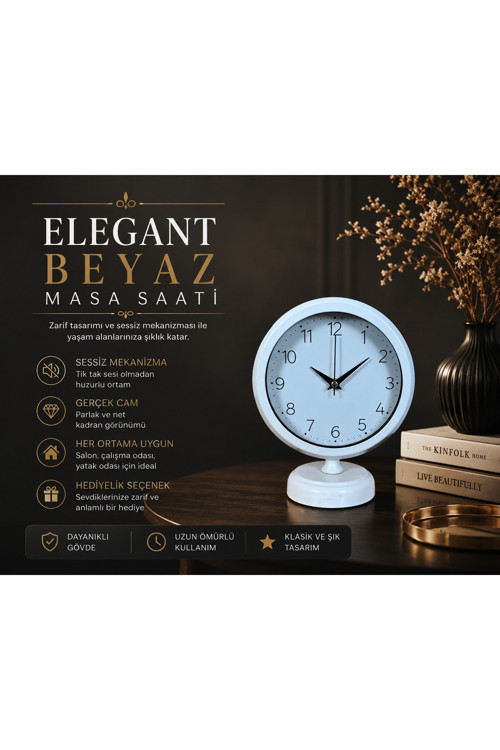 Elegant Beyaz 25 x 20 cm Metal Dekoratif Masa Saati