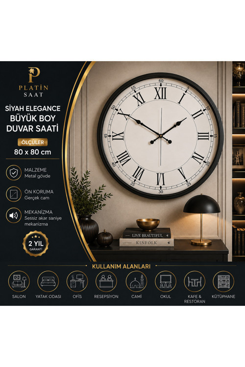 Siyah Elegance Büyük Boy 80 cm Metal Duvar Saati