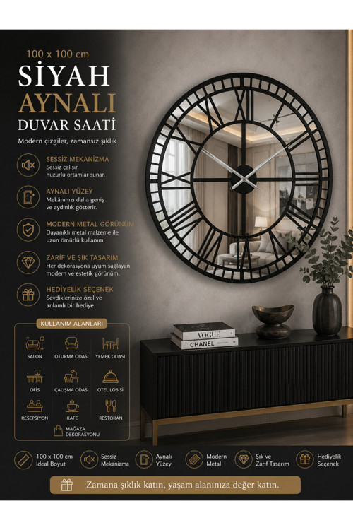 Siyah 100 x 100 cm Aynalı Duvar Saati